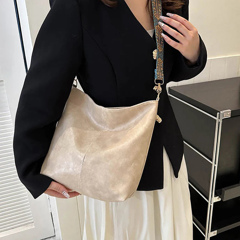 Wide Geometric Strap Shoulder Bag Large Capacity Crossbody Bags For Women,Retro Pu Leather Women's Bag For Shopping Travel - Smarsty