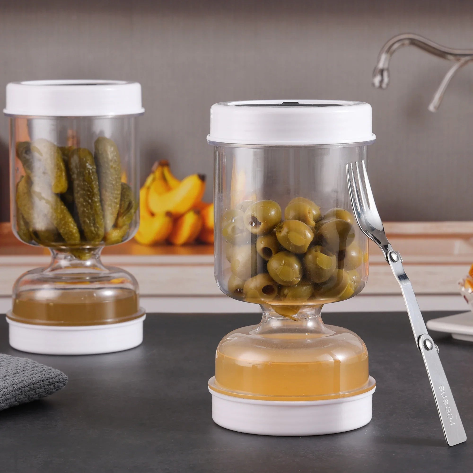 Pickles Jar With Forks Dry and Wet Dispenser Pickle and Olives Hourglass Jar Cucumber Container for Kitchen Juice Separator Tool