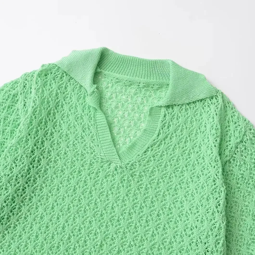 TRAFSHE Women Fashion Jacquard Solid Knitted Hollow Out Pullover Sweater Vintage Lapel Neck Short Sleeve Female Chic Lady Tops - Smarsty