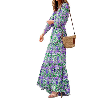 Women's Autumn New Fashionable Printed Sexy V-neck Long Sleeve High Waist Elastic Waist Medium Length Bohemian Dress - Smarsty