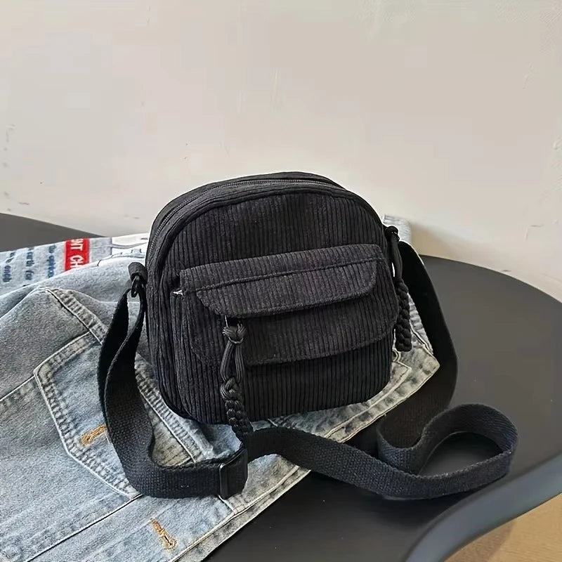 Corduroy Crossbody Bag Zipper Closure Adjustable Strap - Smarsty
