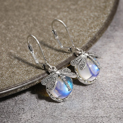 Vintage Dragonfly Drop Earrings with Moonstone Inlaid Design - Smarsty