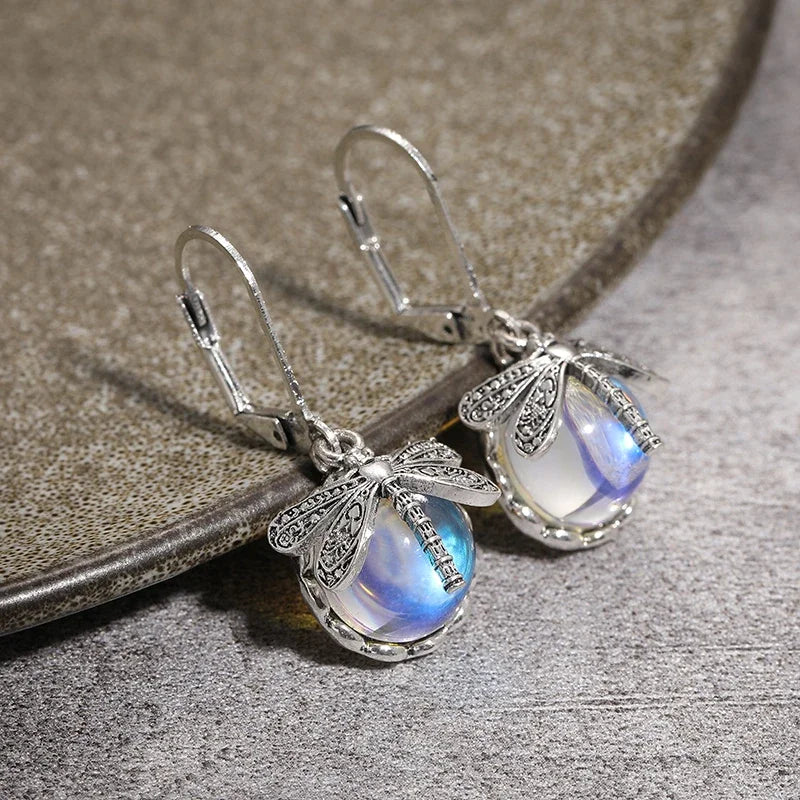 Vintage Dragonfly Drop Earrings with Moonstone Inlaid Design - Smarsty