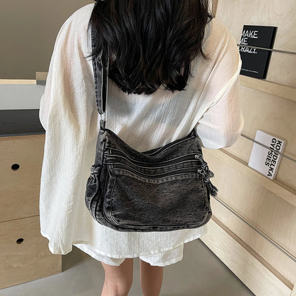 Vintage Denim Shoulder Bag Large Capacity Satchel For Women - Smarsty