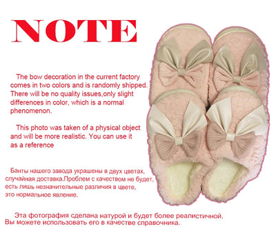 Winter Warm Fur Slippers for Women Cute bow House Non Slip Soft Shoes Comfort Flat Heel Home Indoor Bedroom Plush Slippers - Smarsty