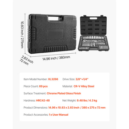 SucceBuy Socket Set 86 Pieces 3/8 1/4 1/2in Drive Socket and Ratchet Set SAE Metric Mechanic Tool Kit with Ratchet Wrench