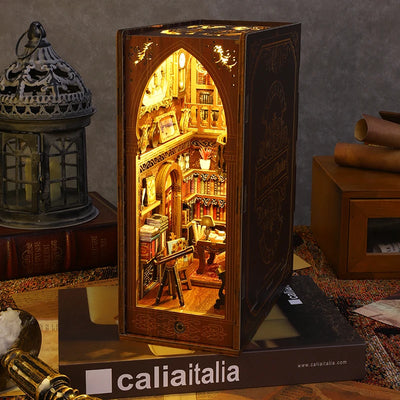DIY Book Nook Shelf Insert Kit 3D Wooden Puzzle Doll House Assembly Building Model Bookends With Furniture LED Light Xmas Gifts by Smarsty