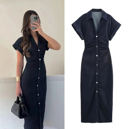 2025 traf Spring New 1975 series denim MIDI dress with lapel side zipper fashion wrinkle waist slim elegant dress - Smarsty