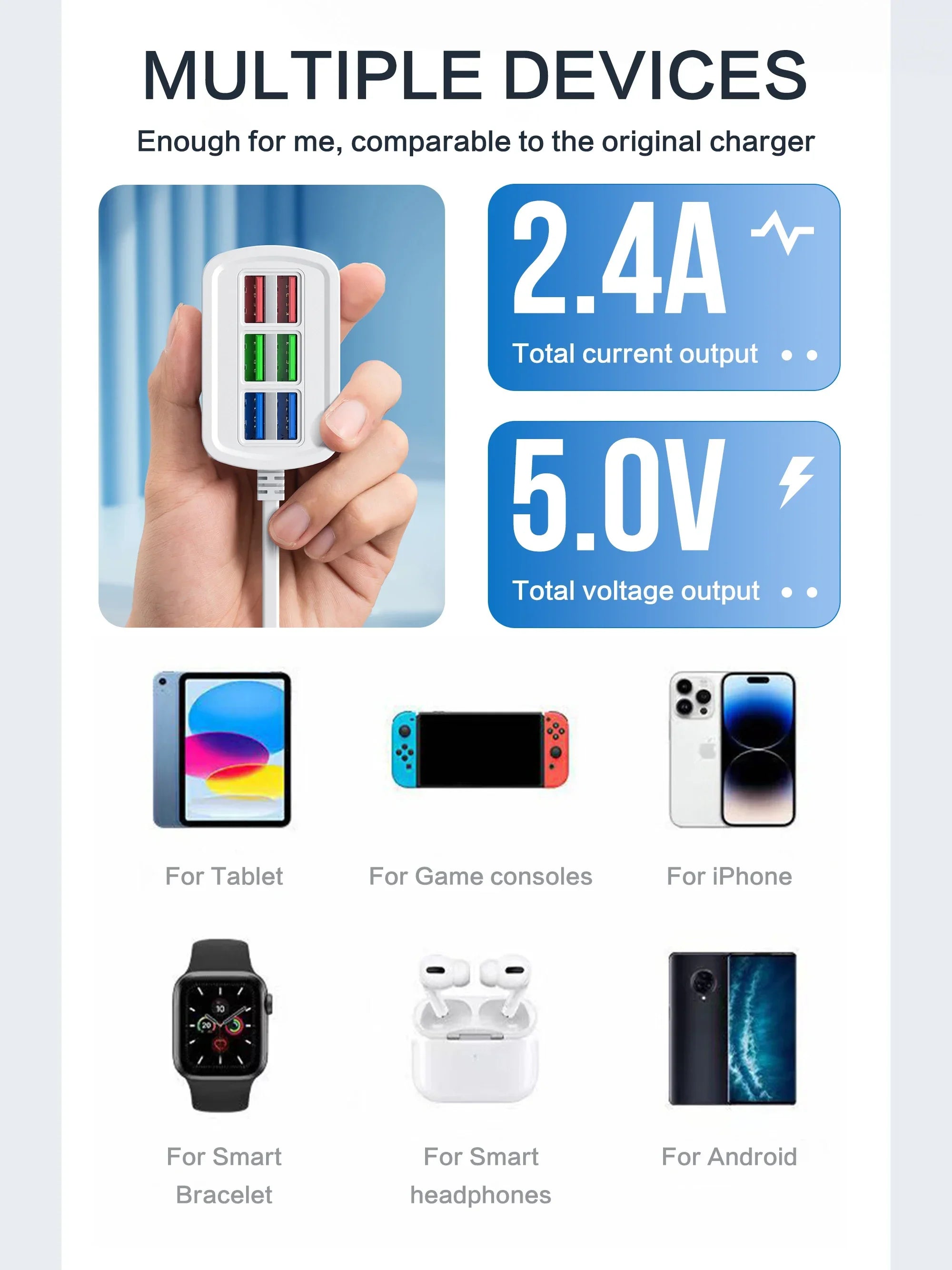 Fast USB Charger 6 in 1 Power Strip Desktop Charging Station Fast Charging 1m Cord USB HUB Adapter Socket for iPhone 16 Home - Smarsty
