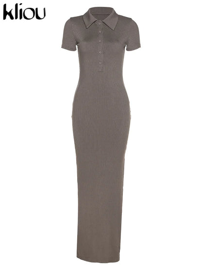 Kliou Elegant Office Lady Maxi Dress Women Solid Fashion Turn-down Collar Short Sleeve Button Side Slit Body-Shaping Street Robe - Smarsty