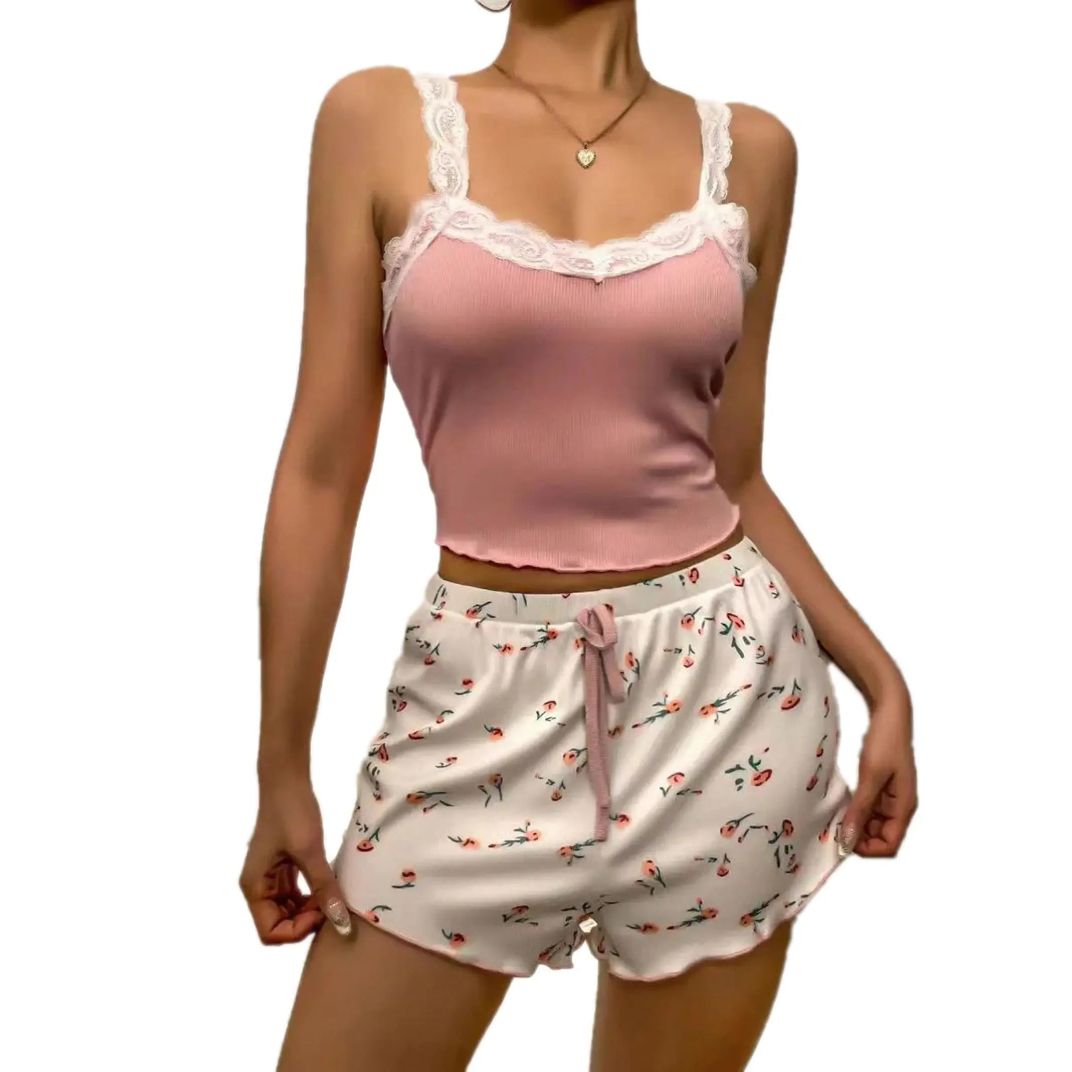 Women Pajama Set Lace Patchwork V-Neck Sleepwear Sexy Nighties Suit Camisole Top Printed Shorts Soft Pyjamas Loungewear - Smarsty