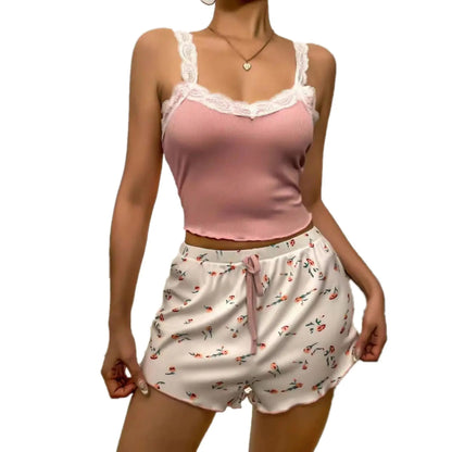 Women Pajama Set Lace Patchwork V-Neck Sleepwear Sexy Nighties Suit Camisole Top Printed Shorts Soft Pyjamas Loungewear - Smarsty