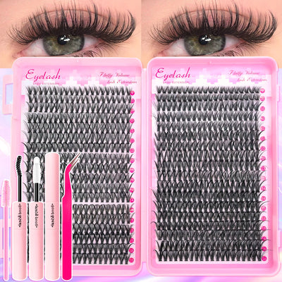 720/200pcs eyelash Extension Kit Fluffy Eyelash Extension kit with Lash Bond and Seal Lash Tweezers Thick Lash Clusters Wispy - Smarsty