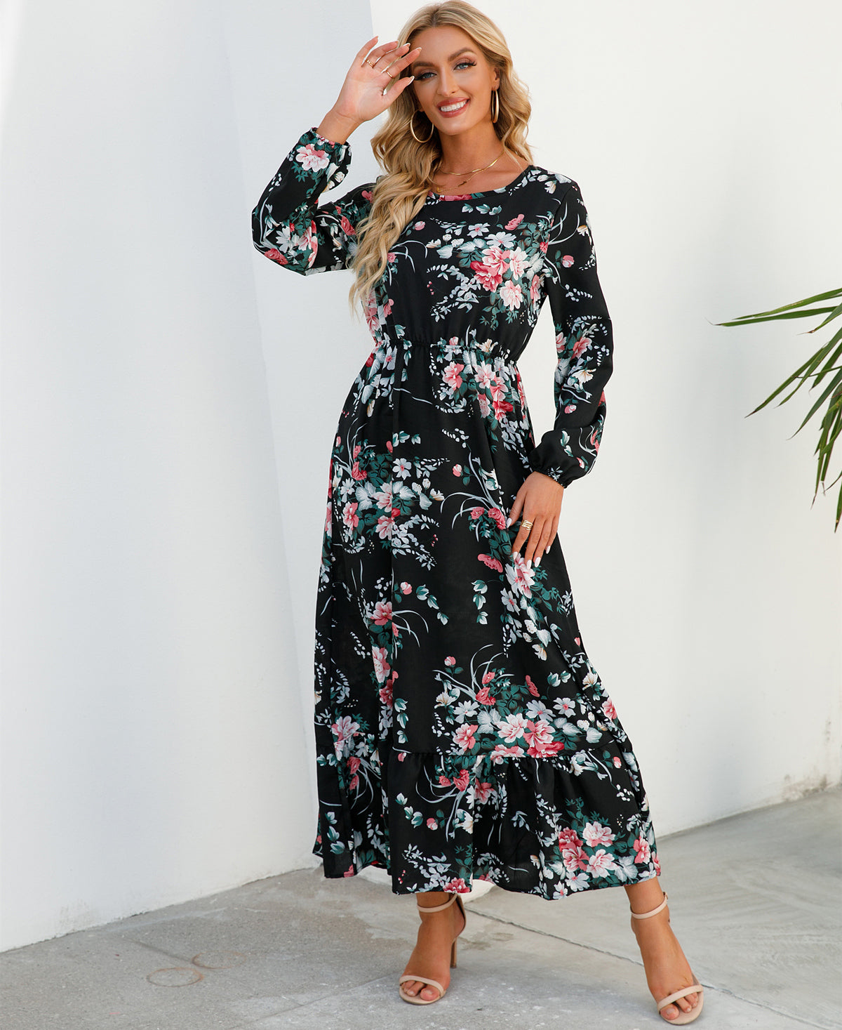 2023 Sping Summer Bohemian Women Maxi Dress Casual Long Sleeve High Waist Beach Woman Chiffon Dresses Floral Vestidoes Mujer New - Smarsty