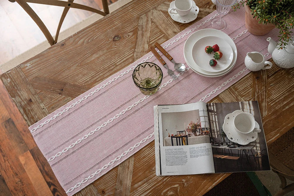 Boho Green Table Runner with Rustic Tassels - Smarsty