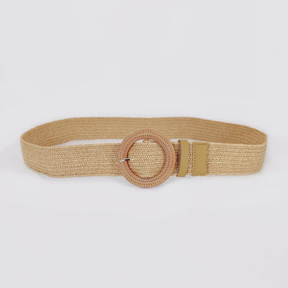 Women Boho Straw Belt with Round Buckle for Beach - Smarsty