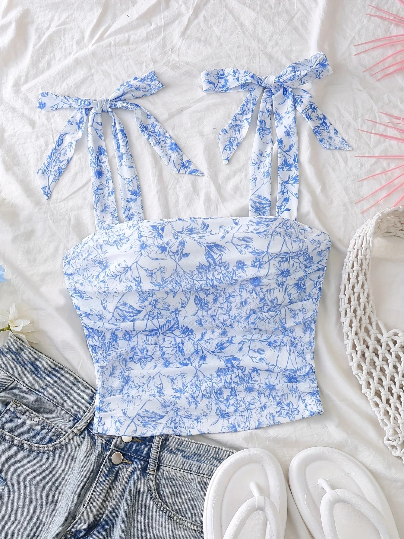 Solid Tie Shoulder Ruched Wide Strap Slim Fit Crop Top Women Clothing Summer 2025 Y2K Clothes Pink Backless Camis Top Streetwear