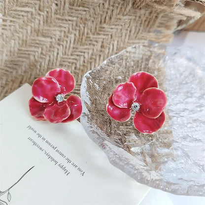 Enamel Flower Stud Earrings Cute Crystal Five Petal - Smarsty