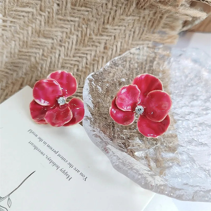 Enamel Flower Stud Earrings Cute Crystal Five Petal - Smarsty