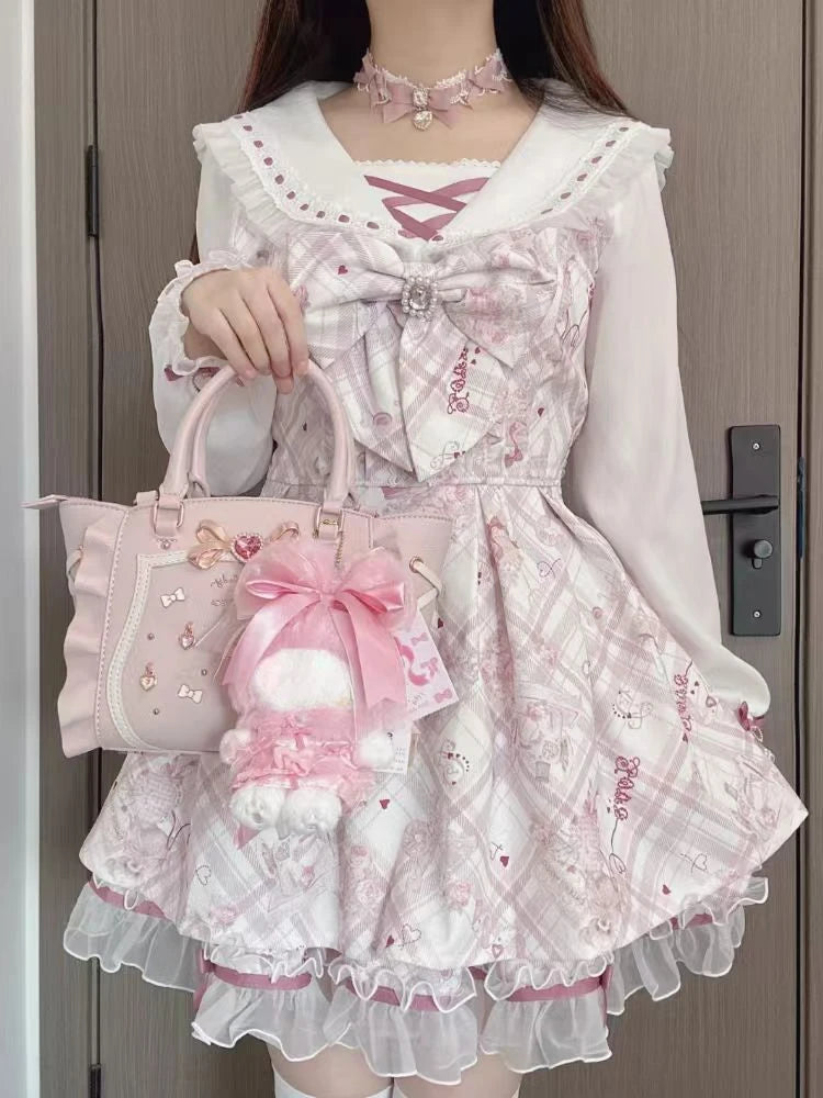 Japanese Sweet Cute Slim Dress Women Kawaii Chic Print Bow Thin Long Sleeve Dresses Female Design Pretty Lovely New Clothing - Smarsty