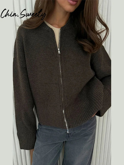 Vintage Knit Women Cardigan Casual Full Sleeve Zipper O Neck Pleated Solid Lady Sweater 2025 Autumn Fashion Female Knitwear - Smarsty