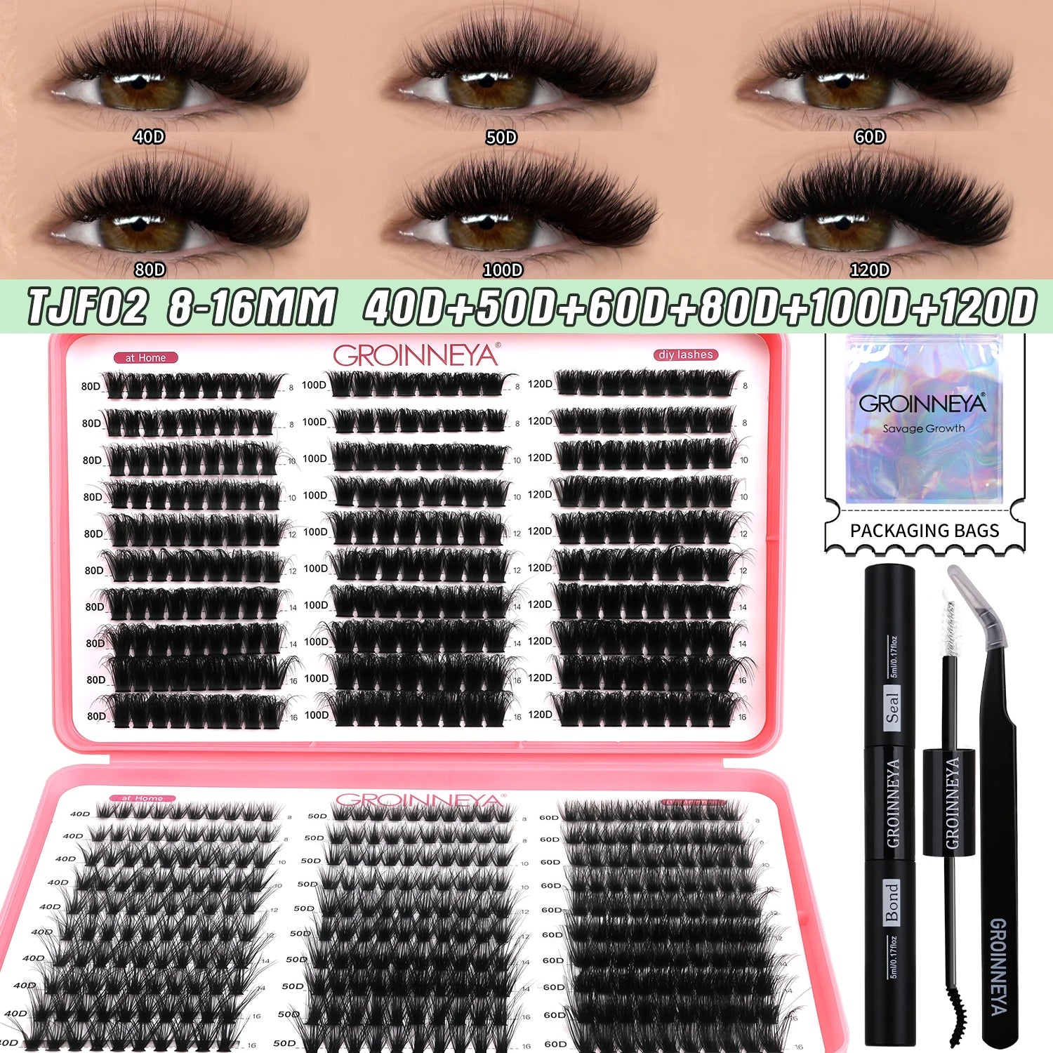 GROINNEYA DIY Lash Clusters Kit Mixed Tray Eyelash Extension Full Set Individual Lashes with Lash Bond&Seal and Tweezers Tool - Smarsty