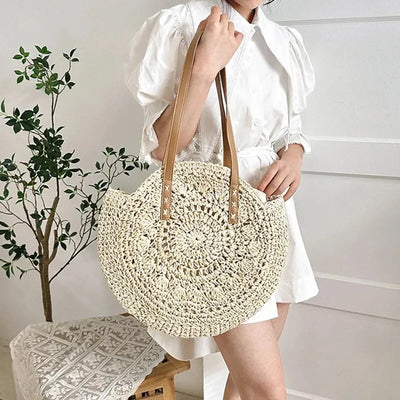 Round Straw Beach Tote for Women Large Capacity Bag - Smarsty