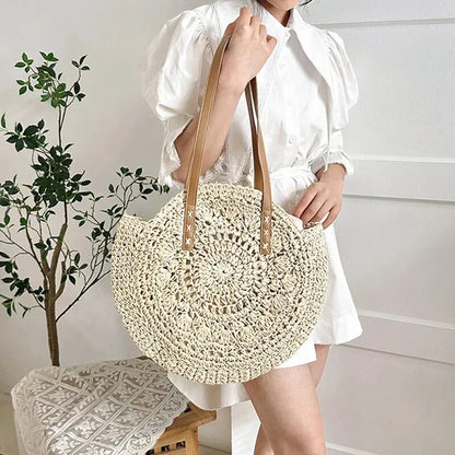 Round Straw Beach Tote for Women Large Capacity Bag - Smarsty