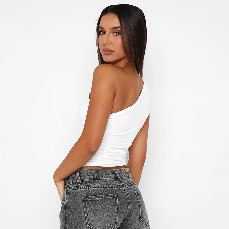 Solid Color One Shoulder Backless Shrink Tank Top T-Shirt Candy Color Tight Sexy Sleeveless Neckless Slim Casaul Top