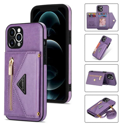 Zipper Wallet Phone Case For iPhone 14 13 12 11 X XS XR Leather Card Back Crossbody Strap Leather Magnetic Wallet Phone Case by Smarsty