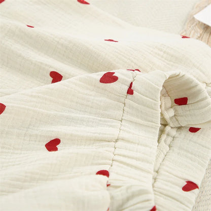 Summer New Love Heart Print Pyjama 100% Cotton Long Sleeve Set 2Pcs Outfit Lapel Sleepwear Button Down Women's Pajamas Nightwear - Smarsty