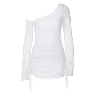 Dulzura Solid Skew Collar Ruched Straps Lace-Up See Through Draw String Mini Dress 2025 Summer  Women Party Clubwear Wholesale - Smarsty