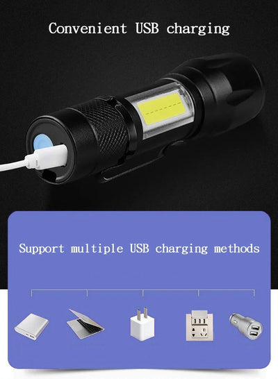 Mini LED Flashlight COB+XPE Portable Torch USB Charging Camping Lantern Zoomable Focus Light Tactical Flashlight with Pen Clip - Smarsty