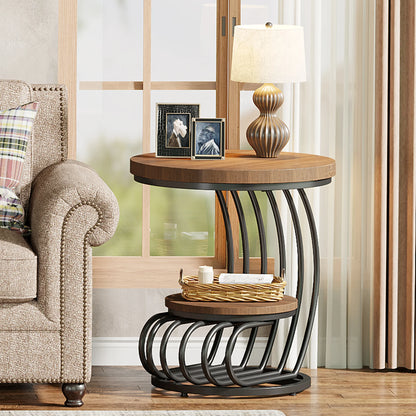 Tribesigns Gold Round End Table: 2 Tiers Faux Marble Side Table with Storage Shelf, Modern White Gold Bedside Nightstand