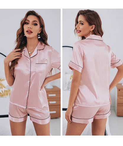 Summer Pijamas Sets Women Sleepwear Silk Satin Button-Down Short Sleeve Tops and Shorts Two-piece Loungewear - Smarsty