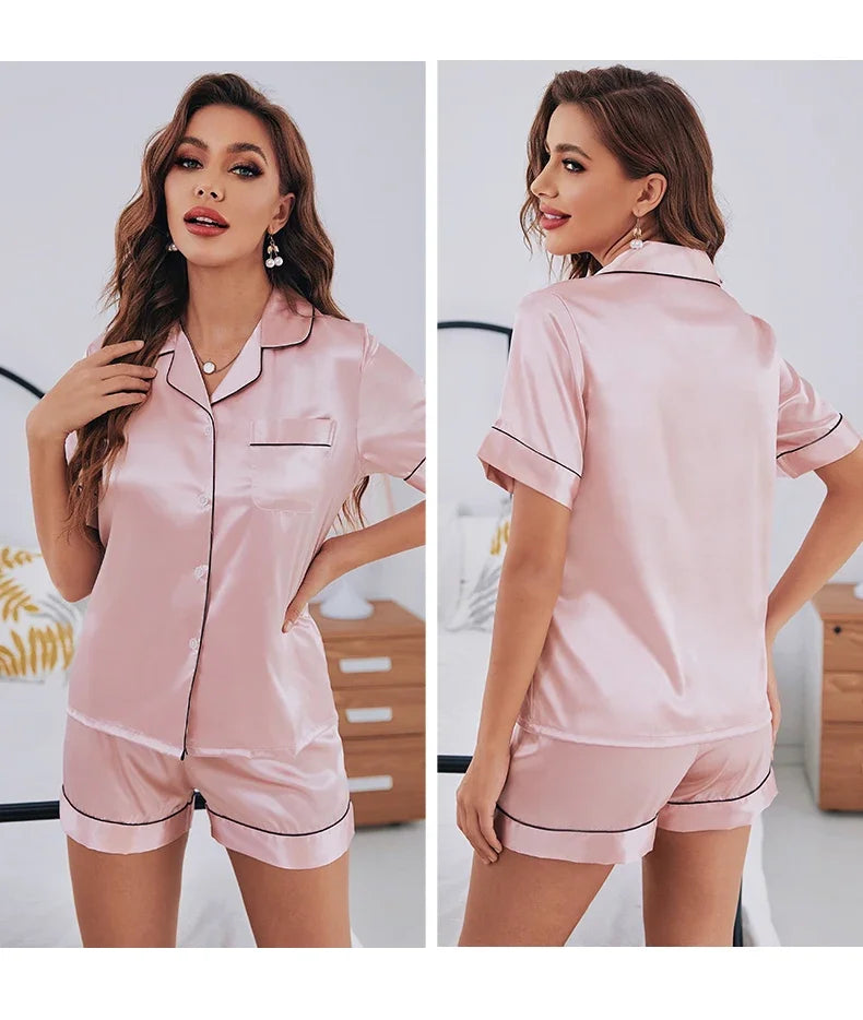 Summer Pijamas Sets Women Sleepwear Silk Satin Button-Down Short Sleeve Tops and Shorts Two-piece Loungewear - Smarsty