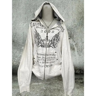 Vintage Sweatshirts 2025 Women's Clothes White Print Tunic Hooded Y2k Coat Streetwear Fashion Casual Hoodies Tops Ropa Mujer - Smarsty