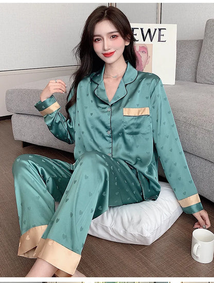 Top Autumn New Ice Silk Women Pajama Lapel Button Cardigan Outfits for Women 2 Piece Set Fashion Printing Set Clothes for Women - Smarsty
