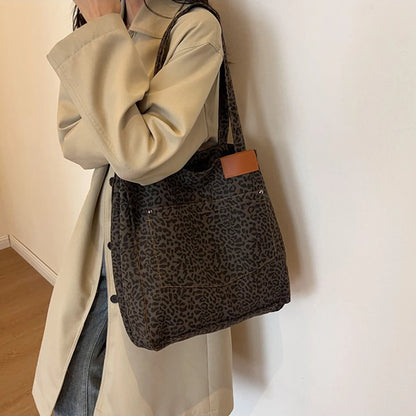Leopard Pattern Tote Bag Vintage Canvas With Large Capacity - Smarsty