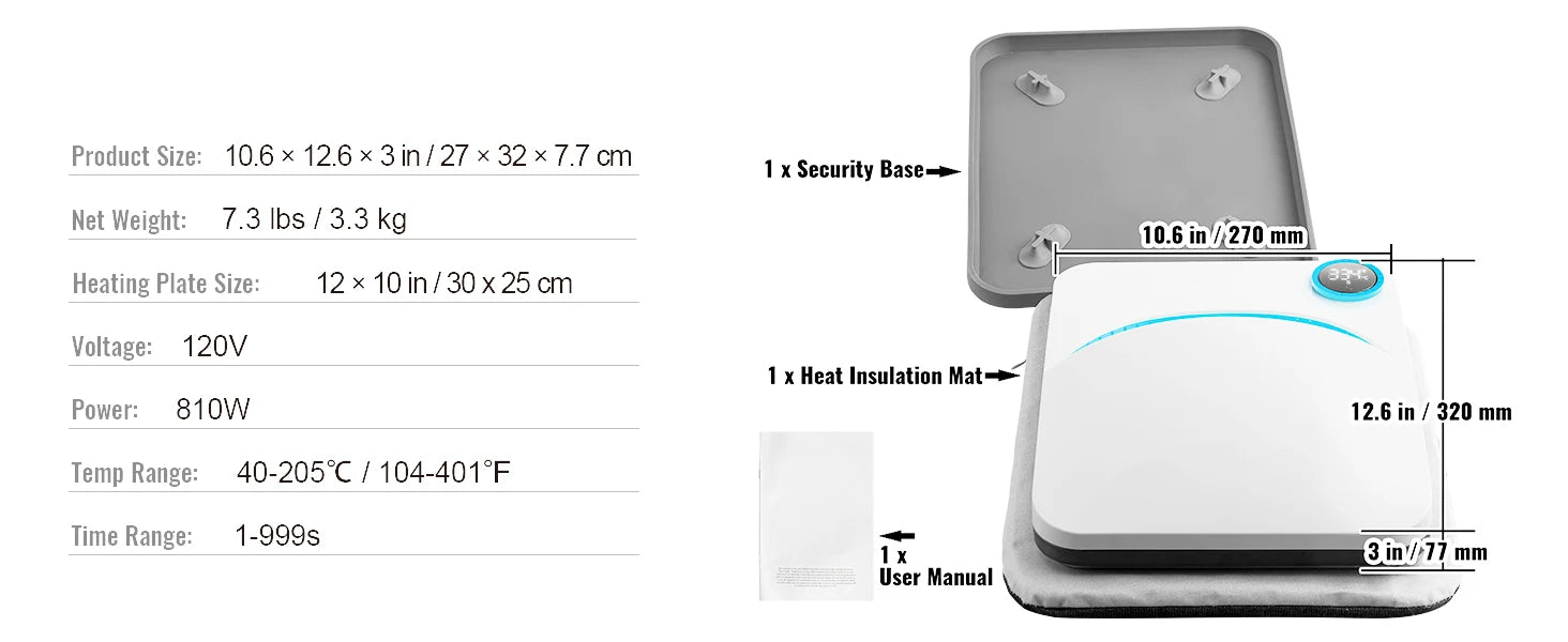 SucceBuy 9x9/12x10 in Portable Heat Press Machine DIY Shirt Printing Multifunctional Sublimation Transfer HTV Vinyl T-shirt Bag - Smarsty