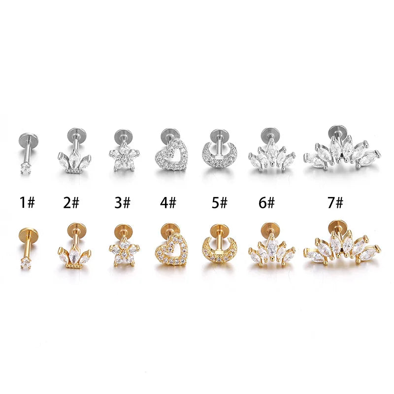 Heart Flower Cartilage Earrings Stainless Steel Zircon - Smarsty