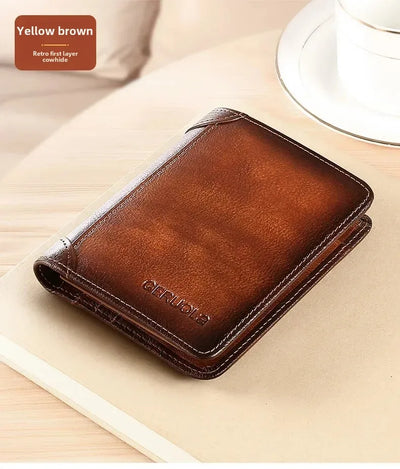 Men Wallet Genuine Leather Rfid Blocking Trifold Wallet Vintage Thin Short Multi Function ID Credit Card Holder Male Purse Money - Smarsty