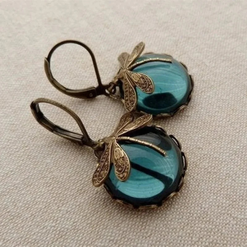 Vintage Dragonfly Drop Earrings with Moonstone Inlaid Design - Smarsty