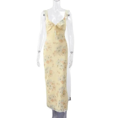 Summer Flower Printed Women's Sexy Low-cut Dress Sleeveless Backless Slim Sling Dresses 2025 Beach Vacation Lady Vestidos - Smarsty