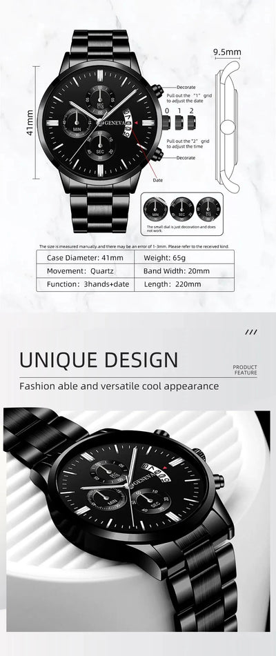 Luxury Black Stainless Steel Quartz Watch for Men - Smarsty