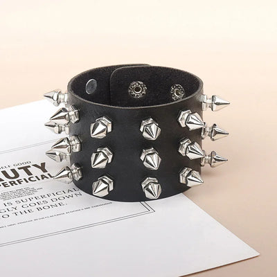 Adjustable Black Leather Punk Bracelet with Metal Spikes - Smarsty