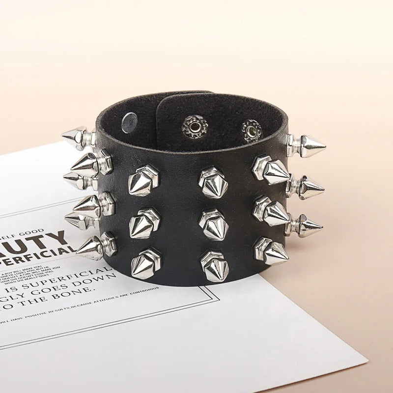 Adjustable Black Leather Punk Bracelet with Metal Spikes - Smarsty