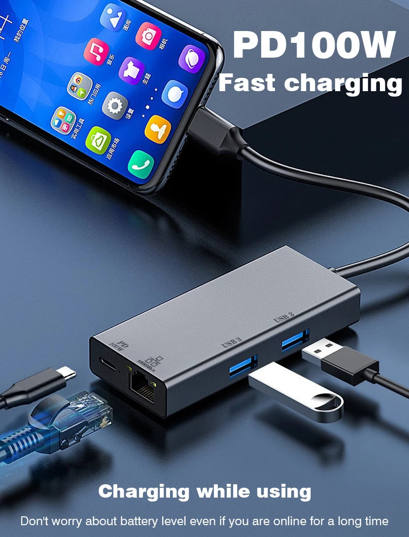 USB C Hub Docking Station With Gigabit Ethernet 100W Charge