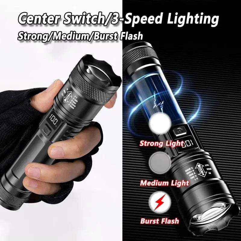 Rechargeable LED Flashlight Zoomable Torch with LCD Display 3 Modes Waterproof High Power Hand Light Outdoor Wilderness Camping - Smarsty