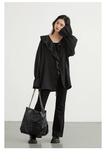 CHIC VEN Women Shirt Loose Casual Ruffled Edges Female Blouses V Neck Lace Up Mid Length Woman Shirts Spring Summer 2024 - Smarsty